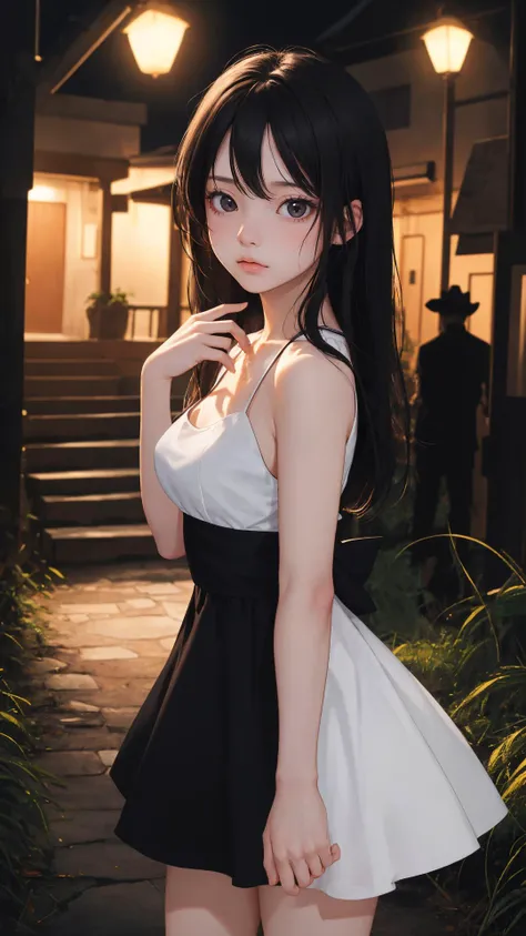 (masterpiece:1.2),(absurdres:1.2),(best quality:1.2),(looking at viewer),
shiny skin,
bare legs,
cowboy shot,
dress,
outdoors, night,
nature,
hand behind head,
(white|black theme), medium breasts,
sad face,
(character on front),