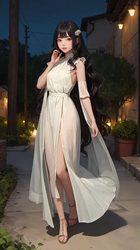(masterpiece:1.2), (best quality:1.2), night, (looking at viewer), bright skin, full body,
outdoors, fringe,
long hair, (wavy hair),