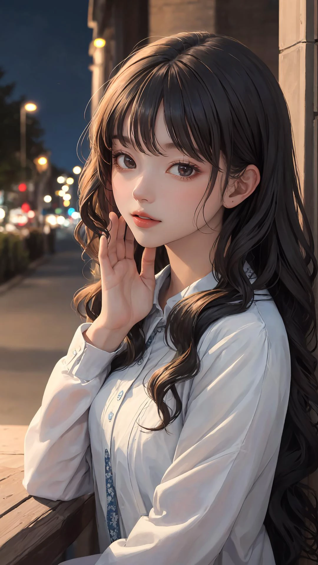 (masterpiece:1.2), (best quality:1.2), night, (looking at viewer), bright skin,
outdoors, fringe,
long hair, (wavy hair),