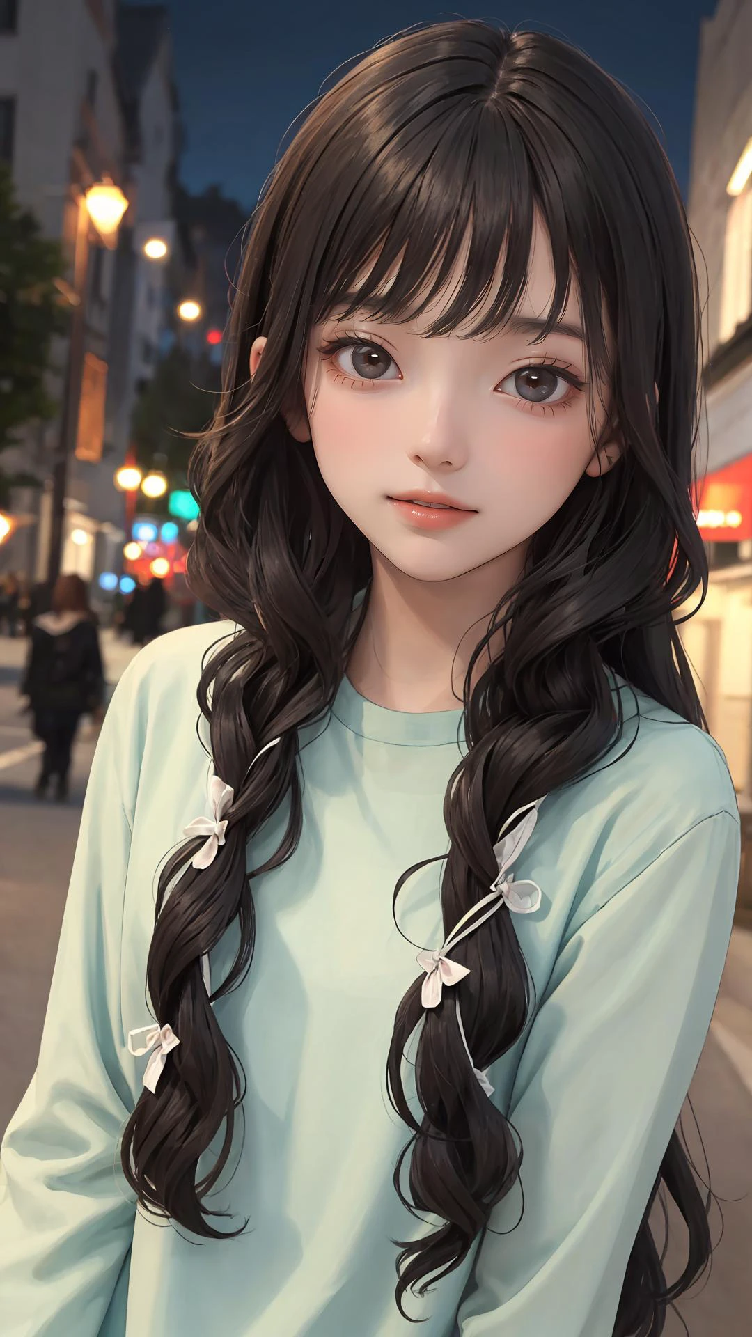 (masterpiece:1.2), (best quality:1.2), night, (looking at viewer), bright skin,
outdoors, fringe,
long hair, (wavy hair),