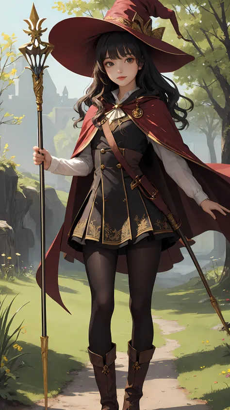masterpiece, best quality, looking at viewer, wavy hair, fringe, long hair, fantasy, wizard, outdoors, staff, cape, hat, black_pantyhose, boots,
medium skirt,
