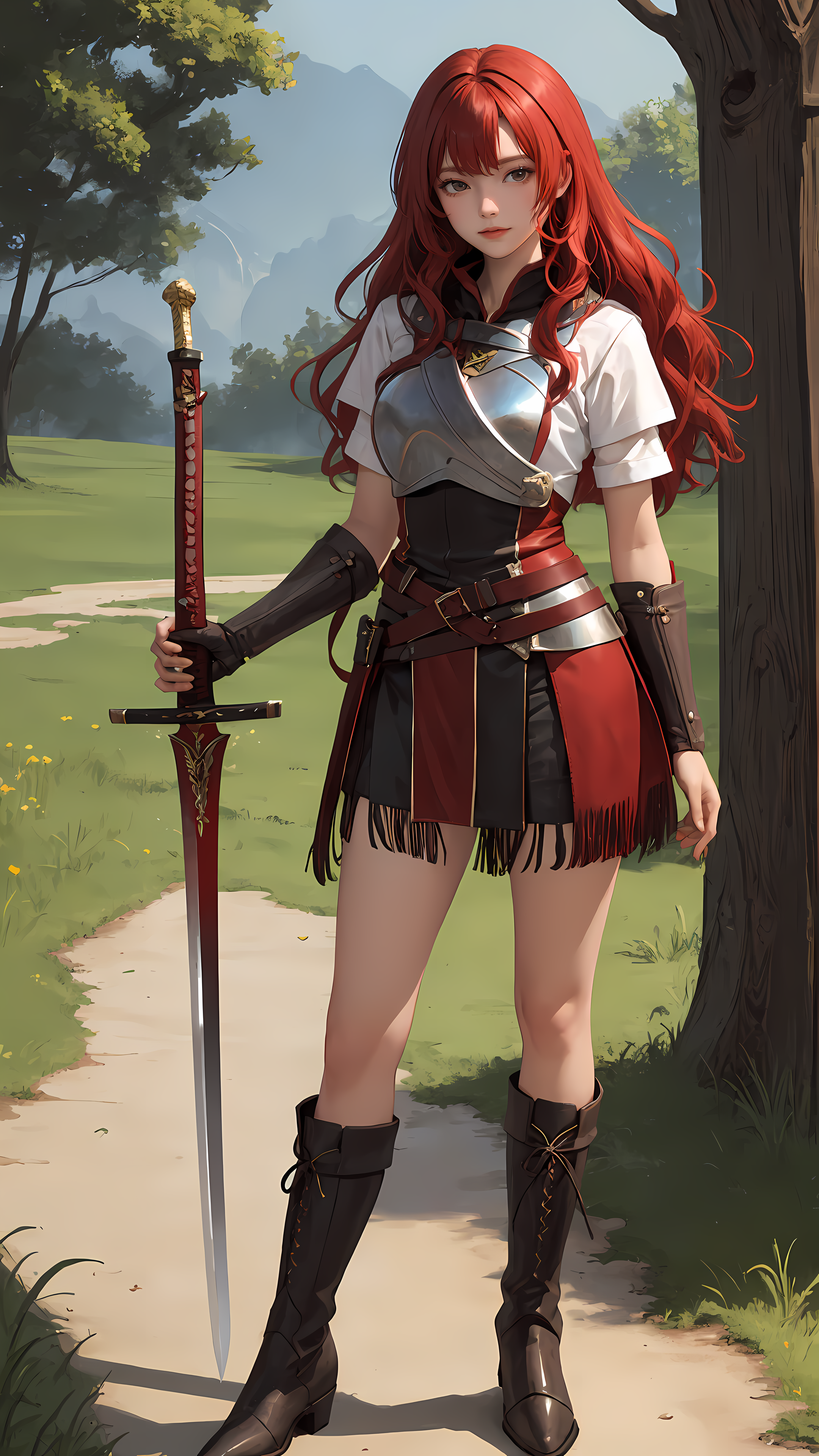A woman in a red dress holding a sword standing on a path - SeaArt AI