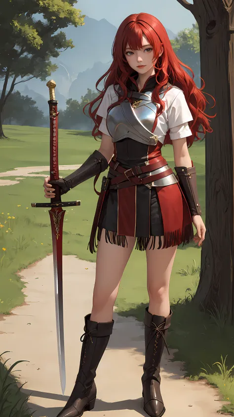 masterpiece, best quality, looking at viewer, wavy hair, fringe, long hair, fantasy, outdoors, boots,
red hair, knight, scabbard