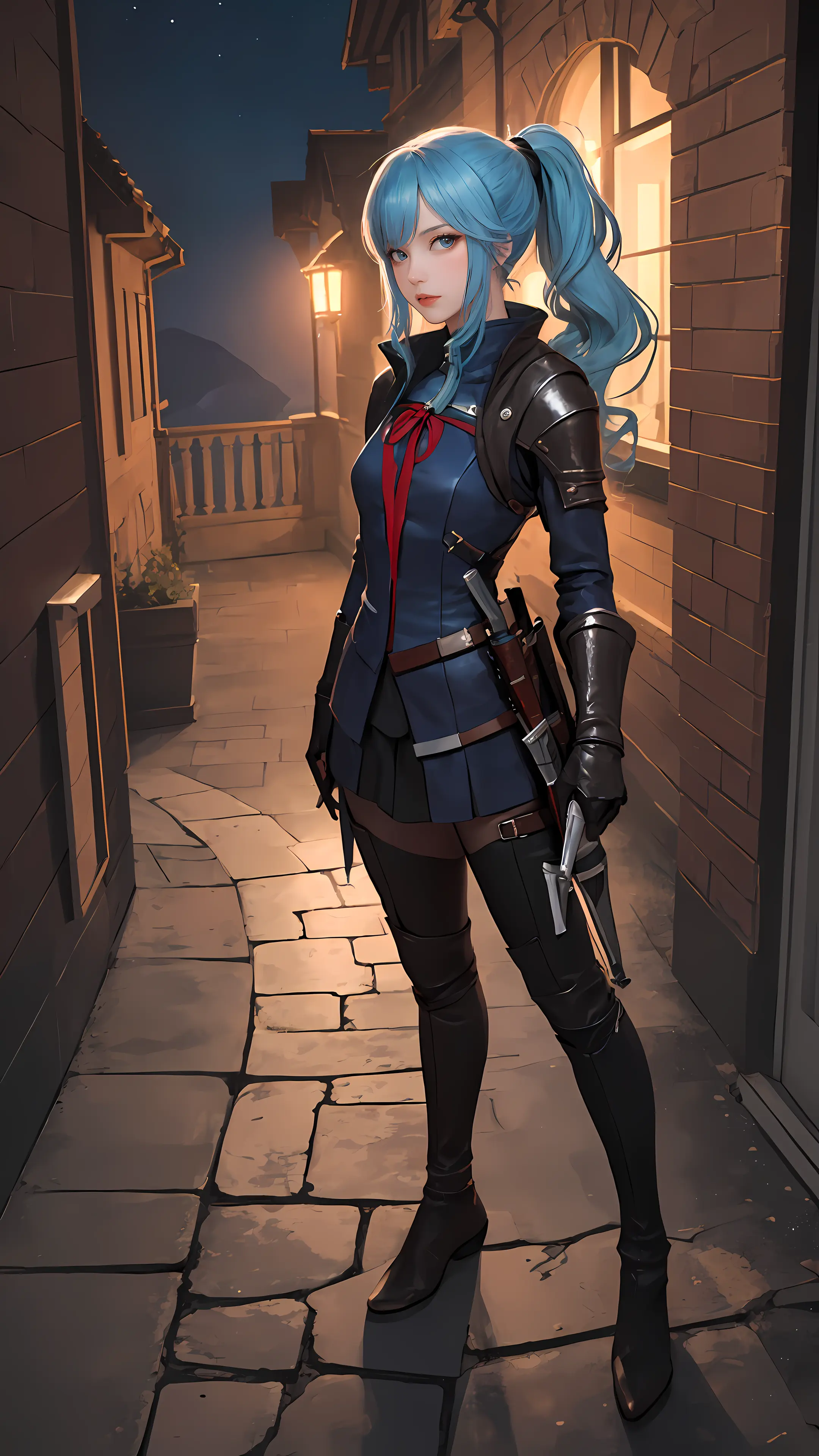 masterpiece, best quality, looking at viewer, long hair, (fantasy:1.2), outdoors, night, wavy hair,
light blue hair, ponytail, (assassin:1.3), medium hair, full body,
