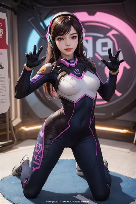 masterpiece, raw, realistic, high-resolution, (detailed), (photograpy), (photorealistic), (wide_shot:1.2), full_body, 1girl, solo focus, long hair, d.va (overwatch), brown hair, bodysuit, facial mark, whisker markings, seductive smile, large breasts, headphones, gloves(kbxll:1), ulzzang-6500, (korean mixed, kpop idol), (overwatch background),  (Pose that attracts the opposite sex:1.4),