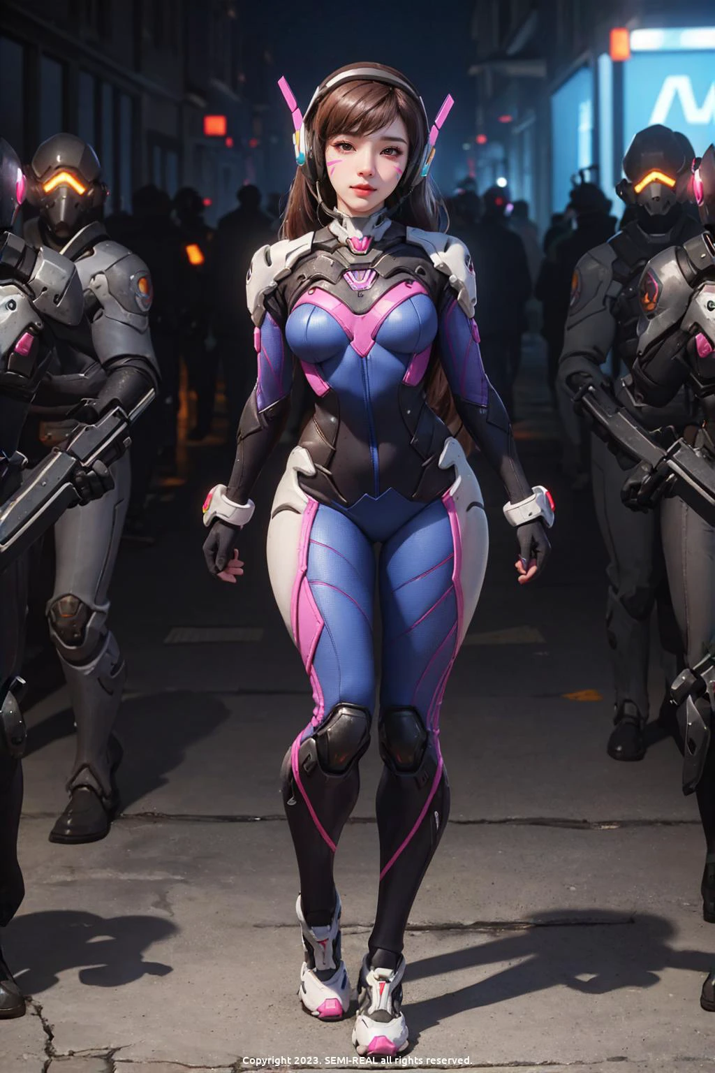 masterpiece, raw, realistic, high-resolution, (detailed), (photograpy), (photorealistic), (wide_shot:1.2), full_body, 1girl, solo focus, long hair, d.va (overwatch), brown hair, bodysuit, facial mark, whisker markings, seductive smile, large breasts, headphones, gloves(kbxll:1), ulzzang-6500, (korean mixed, kpop idol), (overwatch background), (she is captured and sexually abused by her enemies:1.4)