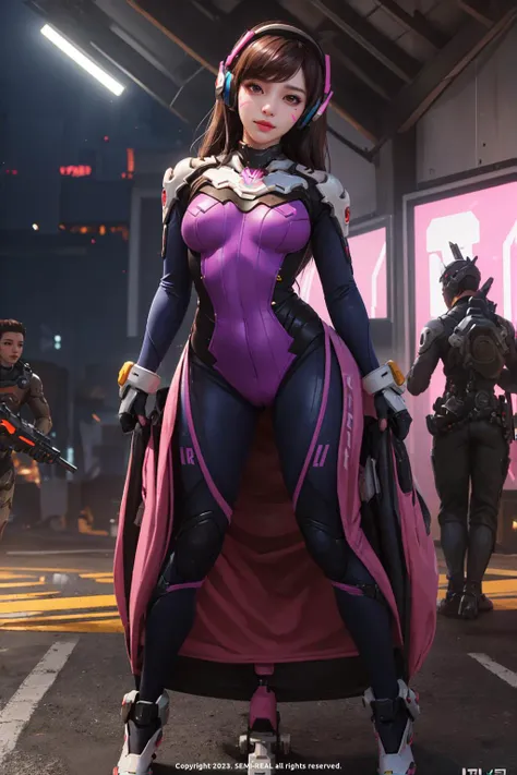 masterpiece, raw, realistic, high-resolution, (detailed), (photograpy), (photorealistic), (wide_shot:1.2), full_body, 1girl, solo focus, long hair, d.va (overwatch), brown hair, bodysuit, facial mark, whisker markings, seductive smile, large breasts, headphones, gloves(kbxll:1), ulzzang-6500, (korean mixed, kpop idol), (overwatch background),  (she is captured and sexually abused by her enemies:1.4)