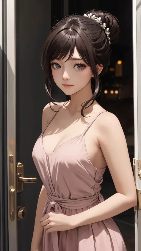 Voluminous updo, (character on front), outdoors, dark hair, dark eyes, lady,
masterpiece, best quality, looking at viewer,