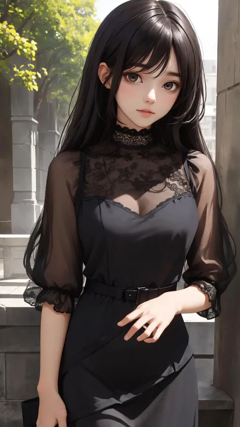 Long layered style with a wispy effect, (character on front), outdoors, dark hair, dark eyes, lady,
masterpiece, best quality, looking at viewer,