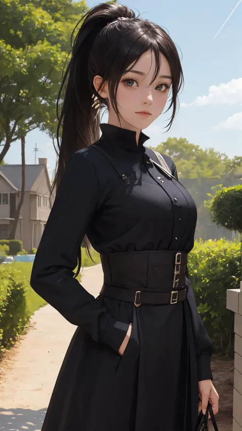 Neat ponytail,  (character on front), outdoors, dark hair, dark eyes, lady,
masterpiece, best quality, looking at viewer,