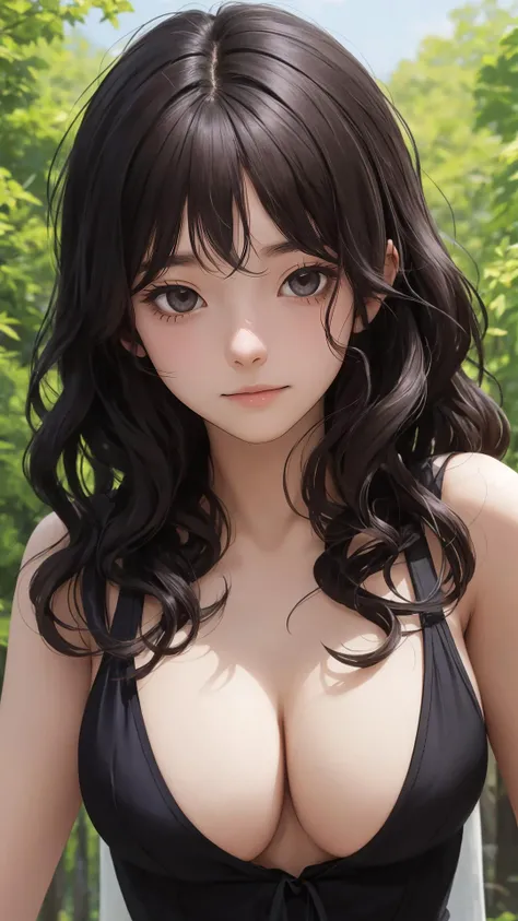 wavy hair,  (character on front), outdoors, dark hair, dark eyes, lady,
masterpiece, best quality, looking at viewer,