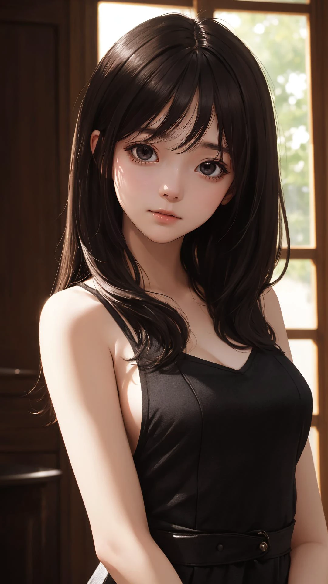 masterpiece, best quality, lady, (character on front), dark hair, dark eyes, indoors, cinematic, looking at viewer, sunlight, depth of field, upper body,