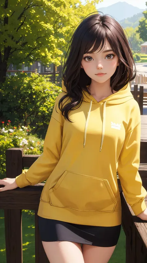 (masterpiece, best quality:1.2), (looking at viewer), 
(wavy hair:0.9),long hair, tight skirt, hoodie, lady,
({peaceful face|shy face|curious face}), {day|night}, outdoors, 
cowboy shot, (character on front), dark hair, dark eyes, thigh gap,