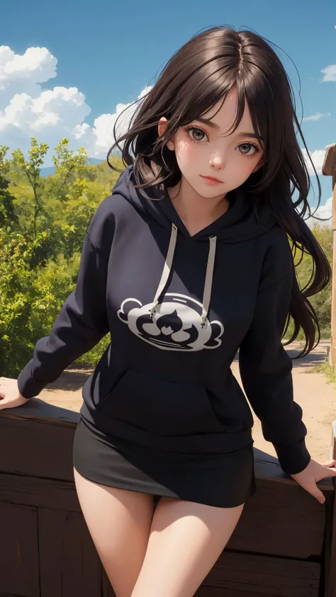 (masterpiece, best quality:1.2), (looking at viewer), 
(wavy hair:0.9),long hair, tight skirt, hoodie, lady,
({peaceful face|shy face|curious face}), {day|night}, outdoors, 
cowboy shot, (character on front), dark hair, dark eyes, thigh gap, 
({black|white|ivory|grey|dark|light black} theme),
