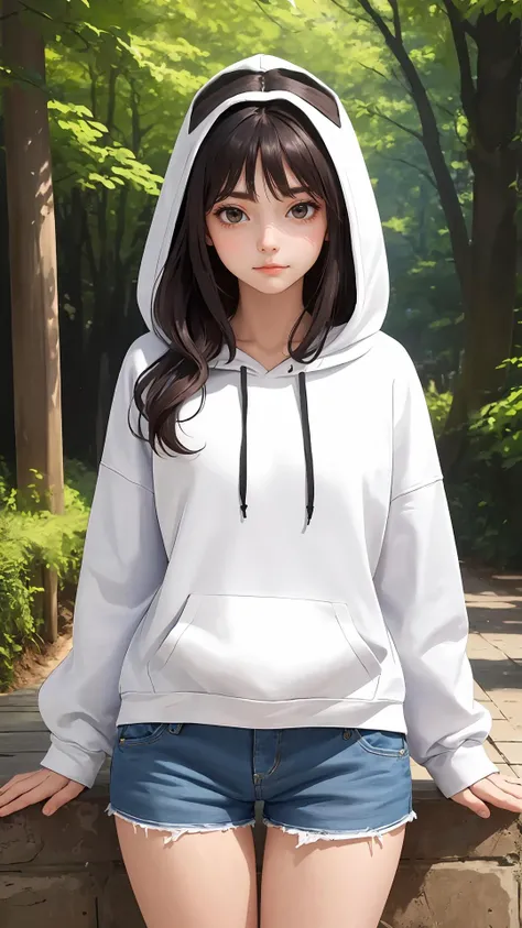 (masterpiece, best quality:1.2), (looking at viewer), 
(wavy hair:0.9),long hair, shorts, hoodie, lady,
({peaceful face|shy face|curious face}), {day|night}, outdoors, 
cowboy shot, (character on front), dark hair,dark eyes, thigh gap,