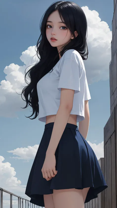 (masterpiece), (best quality), solo, looking at viewer, light black hair, light black eyes, (cinematic:0.8),
(blue theme|light theme), outdoors, medium breasts, long hair, natural wavy,
{cowboy shot|upper body}, urious face, tight_skirt, (earlyteen girl), {sitting|leaning forward|standing}, (cloudy:1.2), naval, t-shirt, fine day,