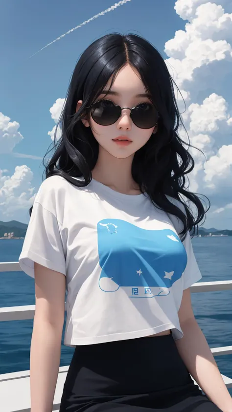 (masterpiece), (best quality), solo, looking at viewer, light black hair, light black eyes, (cinematic:0.8),
(blue theme|light theme), outdoors, medium breasts, long hair, natural wavy,
{cowboy shot|upper body}, urious face, tight_skirt, (earlyteen girl), {sitting|leaning forward|standing}, (cloudy:1.2), naval, t-shirt, fine day, sunglasses,