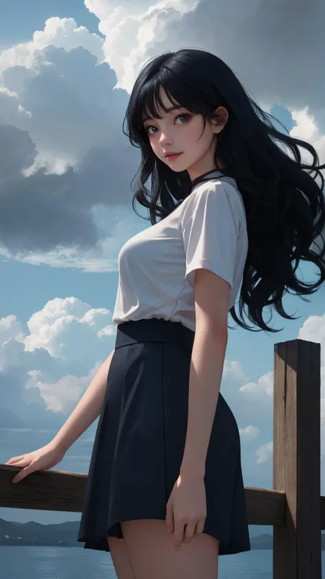 (masterpiece), (best quality), solo, looking at viewer, light black hair, light black eyes, (cinematic:0.8),
(blue theme|light theme), outdoors, medium breasts, long hair, natural wavy,
{cowboy shot|upper body}, {happy face|curious face}, tight_skirt, (earlyteen girl), {sitting|leaning forward|standing}, (cloudy:1.2),