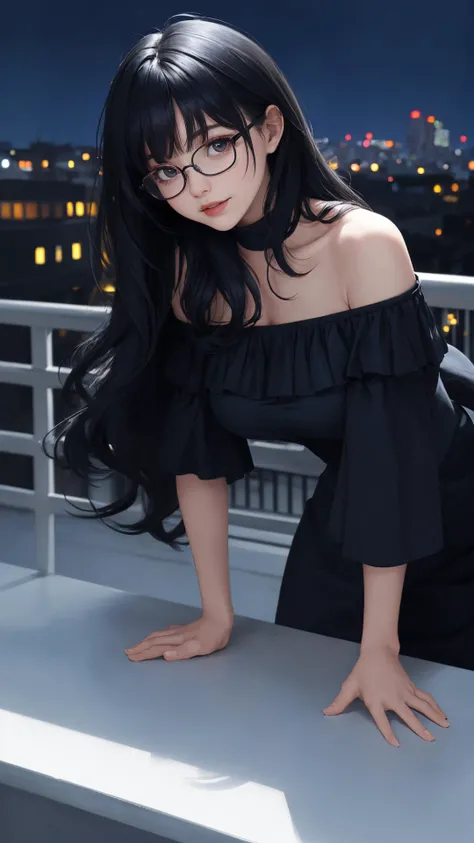 (masterpiece), (best quality), solo, lady, looking at viewer, light black hair, light black eyes, (cinematic),
(blue_theme|light theme), outdoors, medium breasts, long hair, natural wavy,
{cowboy shot|upper body}, off shoulder, black clothes,
{sitting|leaning forward|standing}, night, city,
(happy face:0.8), glasses, fringe,