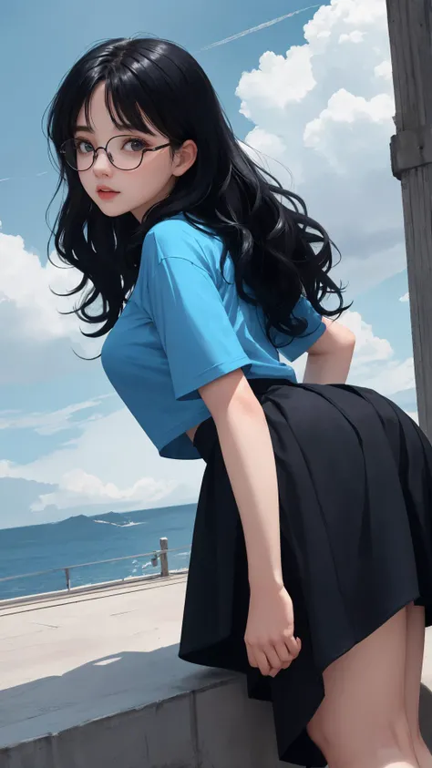 (masterpiece), (best quality), solo, looking at viewer, light black hair, light black eyes, (cinematic:0.8),
(blue theme|light theme), outdoors, medium breasts, long hair, natural wavy,
{cowboy shot|upper body}, urious face, tight_skirt, (earlyteen girl), {sitting|leaning forward|standing}, (cloudy:1.2), naval, t-shirt, fine day, glasses,