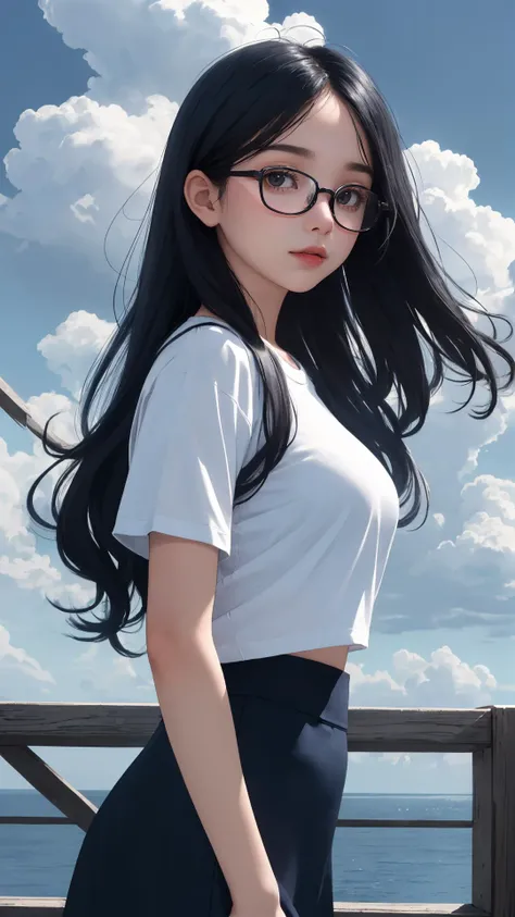 (masterpiece), (best quality), solo, looking at viewer, light black hair, light black eyes, (cinematic:0.8),
(blue theme|light theme), outdoors, medium breasts, long hair, natural wavy,
{cowboy shot|upper body}, urious face, tight_skirt, (earlyteen girl), {sitting|leaning forward|standing}, (cloudy:1.2), naval, t-shirt, fine day, glasses,