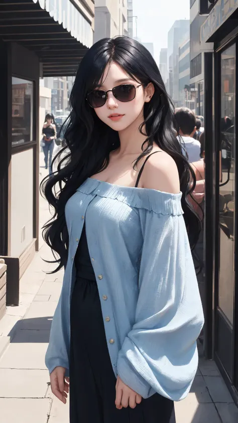 (masterpiece), (best quality), solo, lady, looking at viewer, light black hair, light black eyes, (cinematic),
(blue_theme|light theme), outdoors, medium breasts, long hair, natural wavy,
{cowboy shot|upper body}, off shoulder, black clothes,
{sitting|leaning forward|standing}, fine day, city,
(happy face:0.8), sunglasses, fringe,