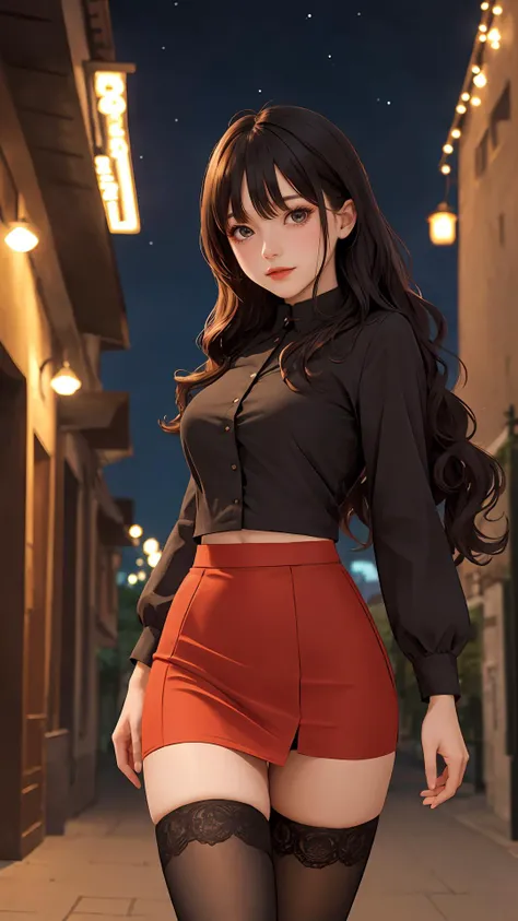 star \(sky\), park, town, tight skirt,
{wavy updo|natural wavy|wavy pixie cut}, looking at viewer, (cinematic:0.7), depth of field, 
masterpiece, best quality, outdoors, night,
lady, cowboy shot, thighhighs, curious face,