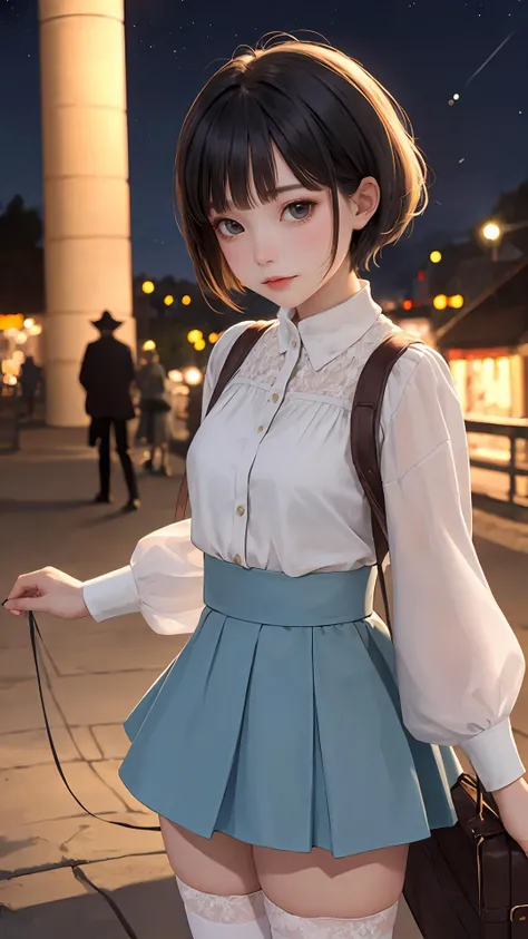star \(sky\), park, town, skirt,
{wavy updo|natural wavy|wavy pixie cut}, looking at viewer, (cinematic:0.7), depth of field,
masterpiece, best quality, outdoors, night,
lady, cowboy shot, thighhighs, curious face,