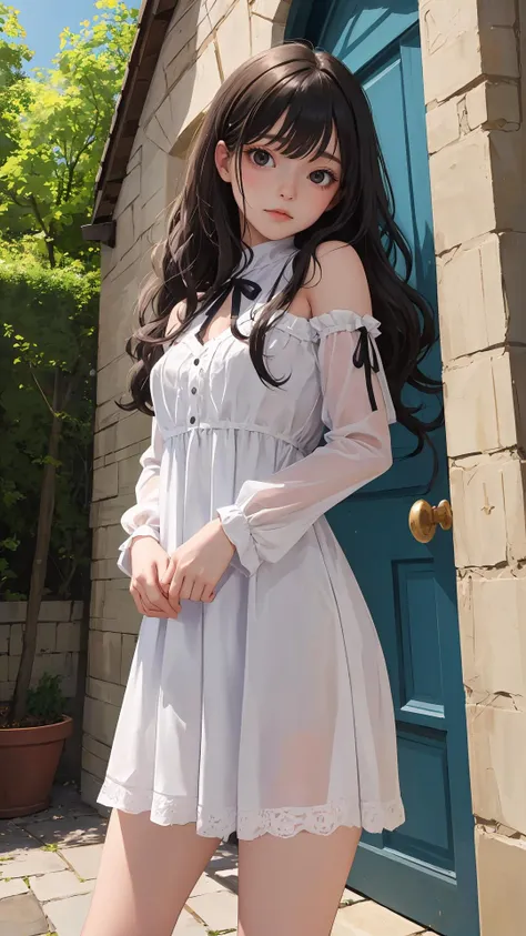 (masterpiece), (best quality), (absurdres), (looking at viewer), (cowboy shot), peaceful face,
day, 
town, outdoors,
long hair, black hair, natural wavy, side bang, fringe, black eyes,
gothic dress, bare legs, standing,