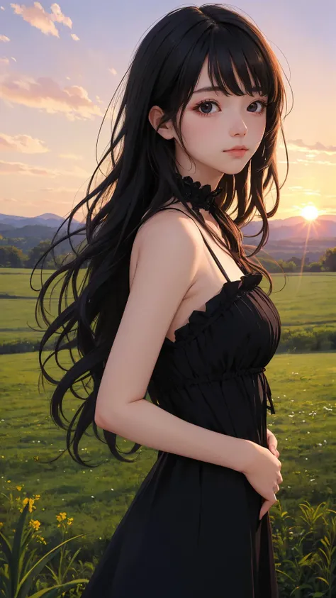 (masterpiece), (best quality), (absurdres), (looking at viewer), (upper body), peaceful face,
sunset, 
country side, outdoors,
long hair, black hair, natural wavy, side bang, fringe, black eyes,
gothic dress,