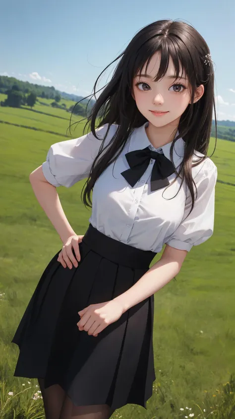 (masterpiece:1.2),(absurdres:1.2),(best quality:1.2),(looking at viewer),
shiny skin,
pantyhose, 
cowboy shot,
skirt, 
outdoors, day,
countryside,
hand on hip,
(white|black theme), medium breasts, 
happy face,
(character on front),