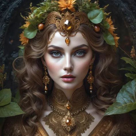 Masterpiece, raw photo, high quality, Sunset, Harvest season, plants mandrake, a stunning digital painting of a mysterious forest woman with Deep Chestnut hair, Halayà úBe eyes, and Lion lips. The artwork features intricate details, geometric patterns, and a surreal, photorealistic style. Created with a Nikon D850, it showcases amazing depth and fine borders, earning awards for its fantasy and ethereal qualities. perfect eye, perfect hand, perfect body, 8k, 16k, uhd, sharp lines, (lots of details:1.2), extremely detailed, absurdres, intricate detailed, cinematic scene, best quality, high detailed, ultra sharp, photorealistic, award winning,