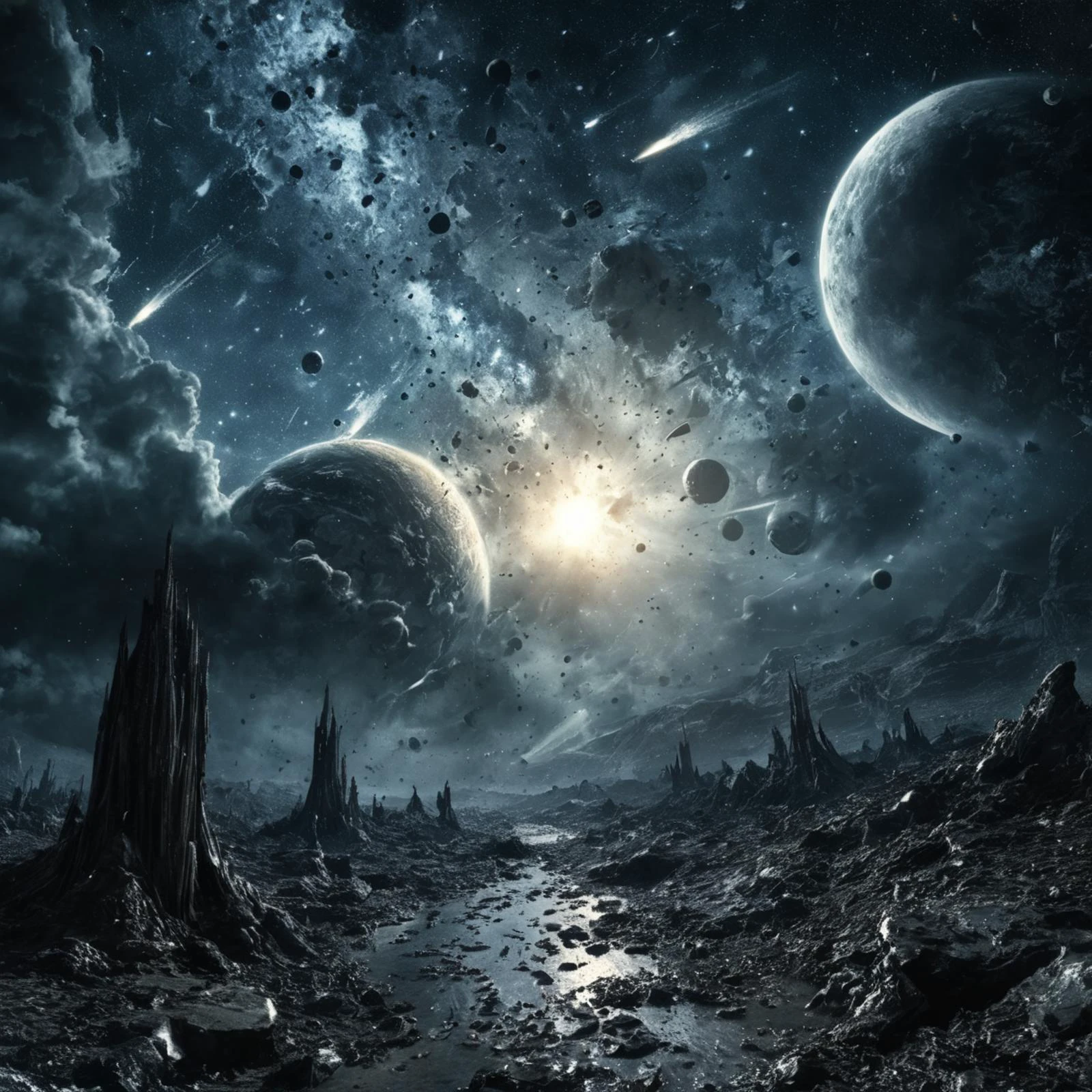 Horror-themed reality hyper detailed masterpiece score 9, score 8, score 7, score 6
sun exploding in atmosphere, rain of sun rock pieces into milky way, earth blue planet in background with hits of meteorits
elements of horror and cinematic and dreamscape styles . Eerie, unsettling, dark, spooky, suspenseful, grim, highly detailed
