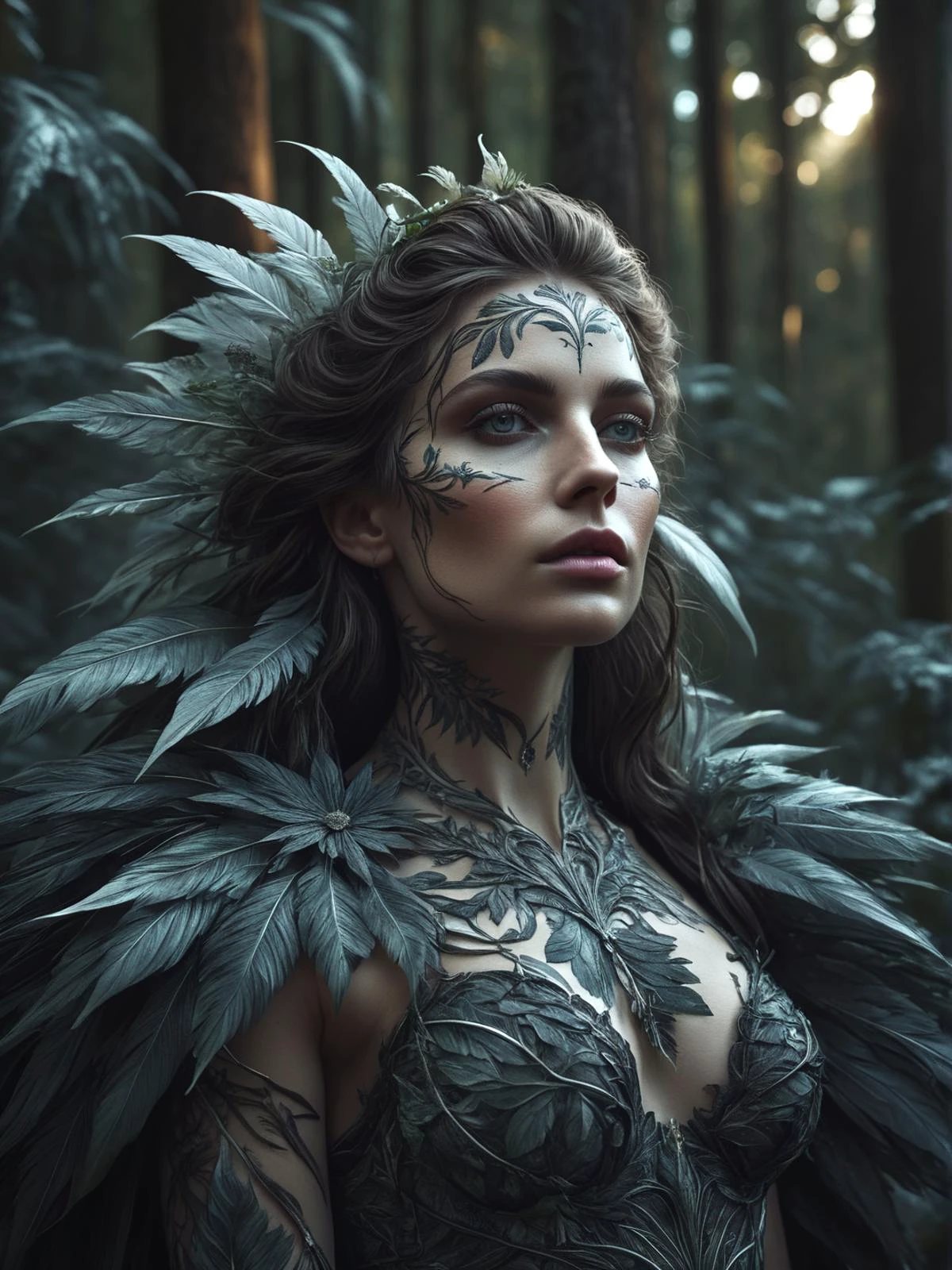 Masterpiece, raw photo, high quality, Growing season, Moonlit Night, Masterpiece, raw photo, high quality, realistic, intricate diorama, photorealism, intricate details, extremely detailed, outstanding intricacies, hires textures, high detail, incredibly detailed, cinematic lighting,A woman with long Feathered Cut hair in the middle of the forest, leaves entwining around her body. The face is tattooed with natural ornaments. An imaginative fairytale image, colorful, 8k, 16k, uhd, sharp lines, (lots of details:1.2), extremely detailed, absurdres, intricate detailed, cinematic scene, best quality, high detailed, ultra sharp, photorealistic, award winning,, 8k, 16k, uhd, sharp lines, (lots of details:1.2), extremely detailed, absurdres, intricate detailed, cinematic scene, best quality, high detailed, ultra sharp, photorealistic, award winning,