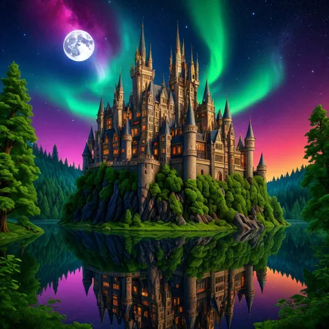 Masterpiece, best quality, high quality, realistic, high detailed, ultra detailed, intricate detailed, award winning, A fantastical castle floating amidst enchanting woods under a starry sky lit by a vibrant aurora and a luminous moon,16k, 32k, uhd, sharp lines, (lots of details:1.2), extremely detailed, raw, dslr,