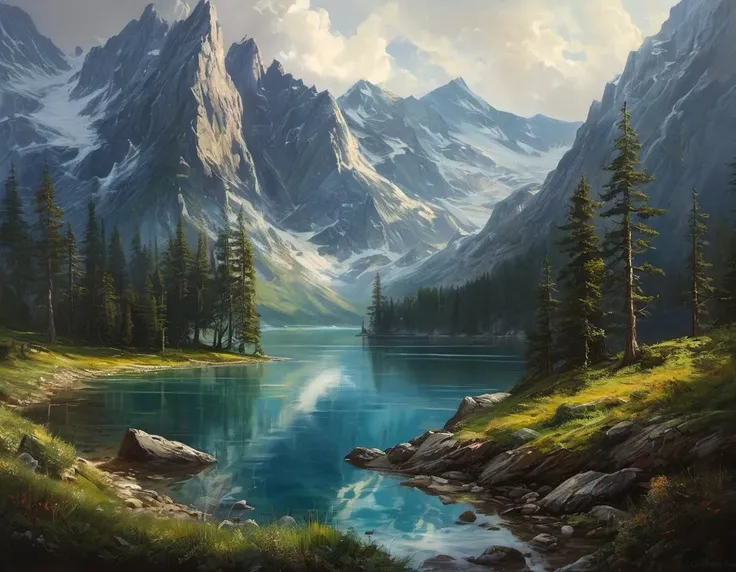 breathtaking oil painting, Detailed scenery, fantasy, mountains, forest, lake, photorealistic oil painting, by charlie bowater, fine details, by wlop, trending on artstation, very detailed