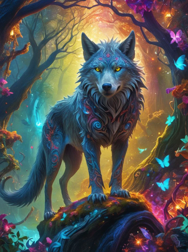 award winning photograph of a fenrir in an vibrant colored enchanted wonderland, magical, whimsical, fantasy art concept, gray theme, intricate details, best quality, masterpiece, ultra sharp, hyper realistic, realism <lora:Niji:0.8> Niji, aidma-niji