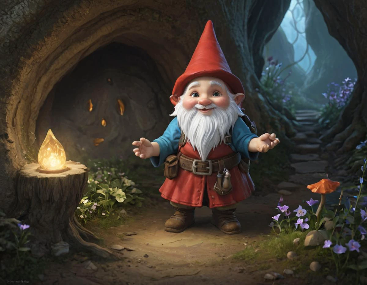 In the whimsical realm of Fairytale, tiny tinkerers known as Gnommes lived in glittering underground burrows. One remarkable Gnome, Ember, crafted magical devices in her cozy workshop beneath an ancient tree. As seasons changed, she tended the whimsical landscapes above, whispering secrets to trees and dancing with wildflowers. One day, a young adventurer discovered Ember's world and together they explored the magical terrain, where crystal formations sang and moonlight painted glittering pathways. In this enchanted land, the line between reality and fantasy blurred, revealing endless wonders. <lora:SDXL/Fantasy/Fantasy_world__XL.safetensors:1.0>,