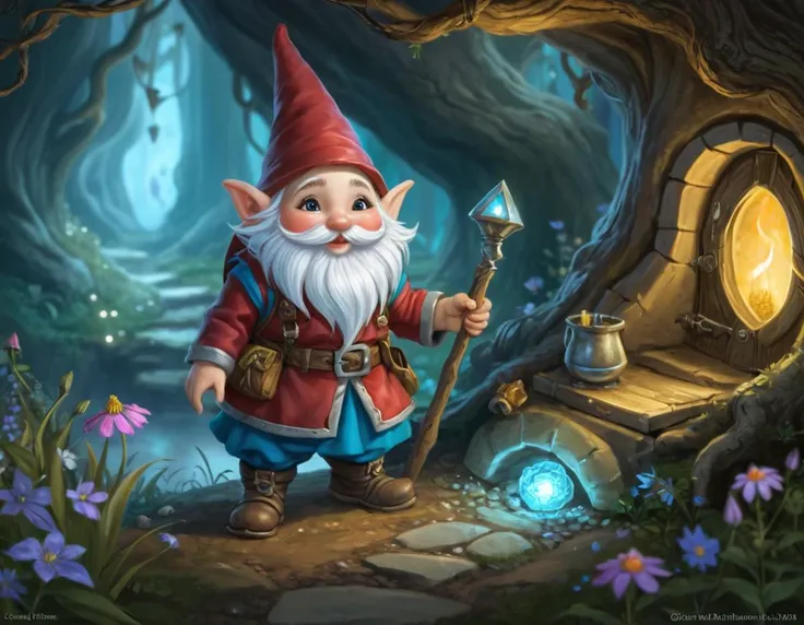 In the whimsical realm of Fairytale, tiny tinkerers known as Gnommes lived in glittering underground burrows. One remarkable Gnome, Ember, crafted magical devices in her cozy workshop beneath an ancient tree. As seasons changed, she tended the whimsical landscapes above, whispering secrets to trees and dancing with wildflowers. One day, a young adventurer discovered Ember's world and together they explored the magical terrain, where crystal formations sang and moonlight painted glittering pathways. In this enchanted land, the line between reality and fantasy blurred, revealing endless wonders. <lora:SDXL/Fantasy/Fantasy_world__XL.safetensors:1.0>, 