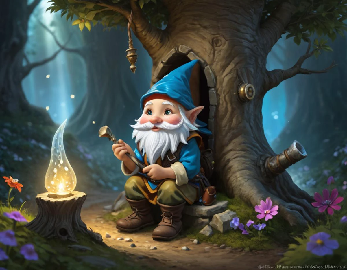 In the whimsical realm of Fairytale, tiny tinkerers known as Gnommes lived in glittering underground burrows. One remarkable Gnome, Ember, crafted magical devices in her cozy workshop beneath an ancient tree. As seasons changed, she tended the whimsical landscapes above, whispering secrets to trees and dancing with wildflowers. One day, a young adventurer discovered Ember's world and together they explored the magical terrain, where crystal formations sang and moonlight painted glittering pathways. In this enchanted land, the line between reality and fantasy blurred, revealing endless wonders. <lora:SDXL/Fantasy/Fantasy_world__XL.safetensors:1.0>,