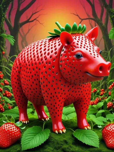 award winning photograph of a strawberry in the shape of a Tapir in an vibrant colored enchanted wonderland, magical, whimsical, fantasy art concept, fire engine red theme, intricate details, best quality, masterpiece, ultra sharp, hyper realistic, realism <lora:Strawberry_Fun_XL:0.7> strwbrrxl