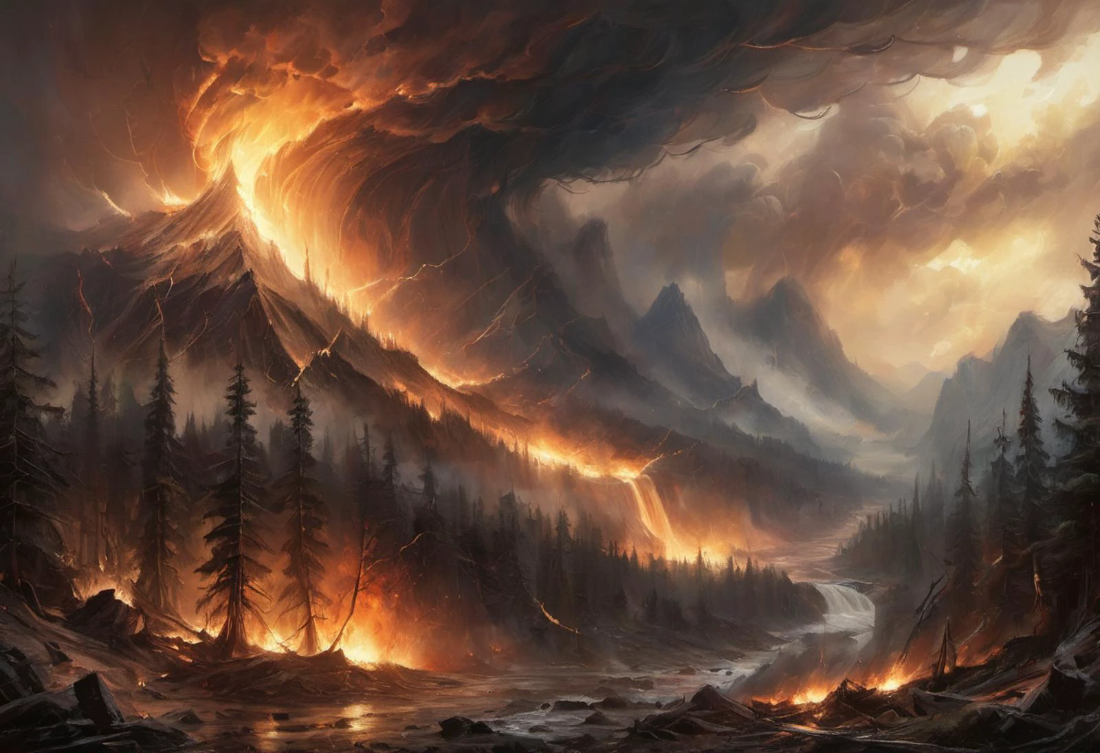 breathtaking oil painting, Detailed scenery, fantasy, waterfall, forest fire, tornado in the background <lora:- SDXL - letitbrn_let_it_burn_V1.0:1> letitbrn, photorealistic oil painting, by charlie bowater, fine details, by wlop, trending on artstation, very detailed