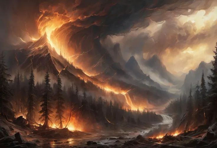 breathtaking oil painting, Detailed scenery, fantasy, waterfall, forest fire, tornado in the background   <lora:- SDXL - letitbrn_let_it_burn_V1.0:1> letitbrn, photorealistic oil painting, by charlie bowater, fine details, by wlop, trending on artstation, very detailed