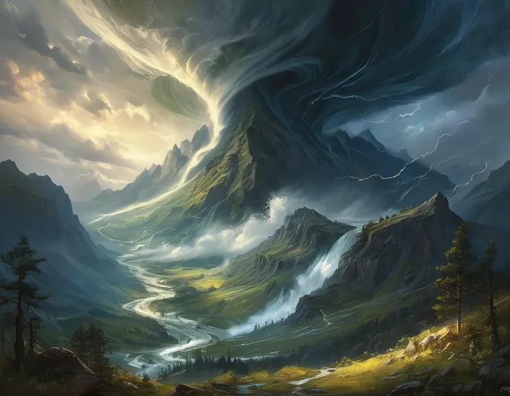 breathtaking oil painting, Detailed scenery, fantasy, mountains, tornado, photorealistic oil painting, by charlie bowater, fine details, by wlop, trending on artstation, very detailed