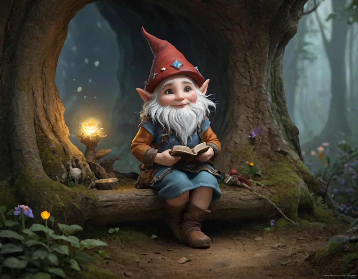 In the whimsical realm of Fairytale, tiny tinkerers known as Gnommes lived in glittering underground burrows. One remarkable Gnome, Ember, crafted magical devices in her cozy workshop beneath an ancient tree. As seasons changed, she tended the whimsical landscapes above, whispering secrets to trees and dancing with wildflowers. One day, a young adventurer discovered Ember's world and together they explored the magical terrain, where crystal formations sang and moonlight painted glittering pathways. In this enchanted land, the line between reality and fantasy blurred, revealing endless wonders. <lora:SDXL/Fantasy/Fantasy_world__XL.safetensors:1.0>,