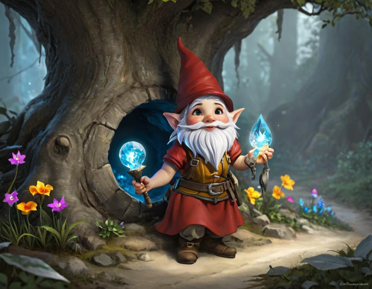 In the whimsical realm of Fairytale, tiny tinkerers known as Gnommes lived in glittering underground burrows. One remarkable Gnome, Ember, crafted magical devices in her cozy workshop beneath an ancient tree. As seasons changed, she tended the whimsical landscapes above, whispering secrets to trees and dancing with wildflowers. One day, a young adventurer discovered Ember's world and together they explored the magical terrain, where crystal formations sang and moonlight painted glittering pathways. In this enchanted land, the line between reality and fantasy blurred, revealing endless wonders. <lora:SDXL/Fantasy/Fantasy_world__XL.safetensors:1.0>,