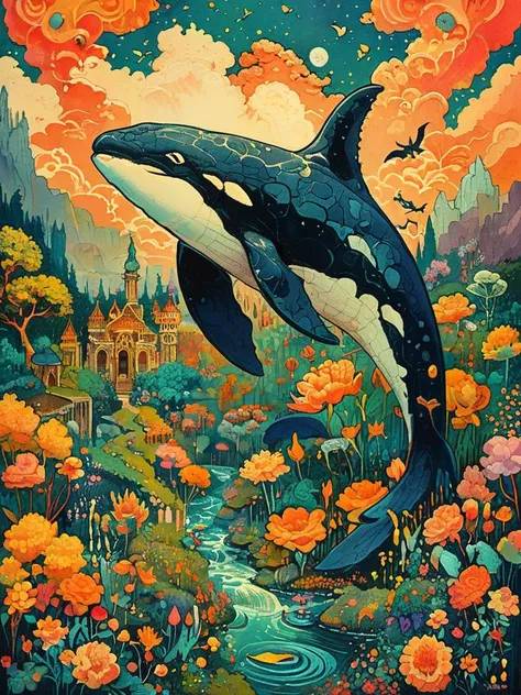 Orca in an vibrant colored enchanted wonderland, magical, whimsical, fantasy art concept, apricot theme, intricate details, best quality, masterpiece, ultra sharp, <lora:tbh166-sdxl:1> illustration in the style of Ivan Bilibin