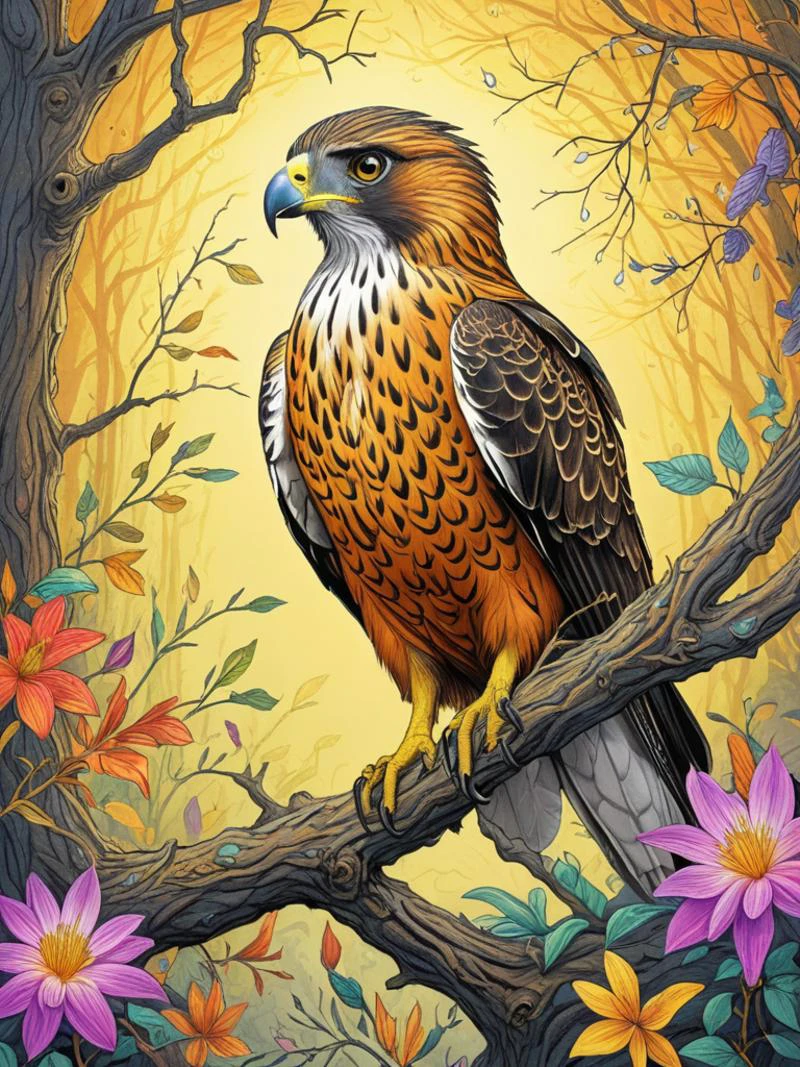 award winning photograph of a Hawk in an vibrant colored enchanted wonderland, magical, whimsical, fantasy art concept, turmeric theme, intricate details, best quality, masterpiece, ultra sharp, hyper realistic, realism <lora:artfullyILLUSKETCH_SDXL_V1:0.8> artllsktch, in the style of beginner sketch and doodle, line art
