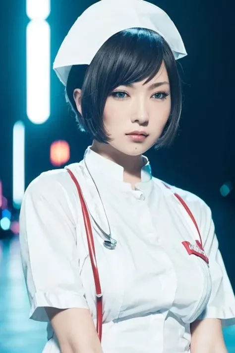 1girl,(wearing a white nurse outfit:1.2),(RAW photo, best quality), (realistic, photo-realistic:1.4), masterpiece, an extremely delicate and beautiful, extremely detailed, 2k wallpaper, Amazing, finely detail, extremely detailed CG unity 8k wallpaper, ultra-detailed, highres, soft light, beautiful detailed girl, extremely detailed eyes and face, beautiful detailed nose, beautiful detailed eyes,cinematic lighting,city lights at night,perfect anatomy,slender body <lora:ringosheena_lora:0.8>