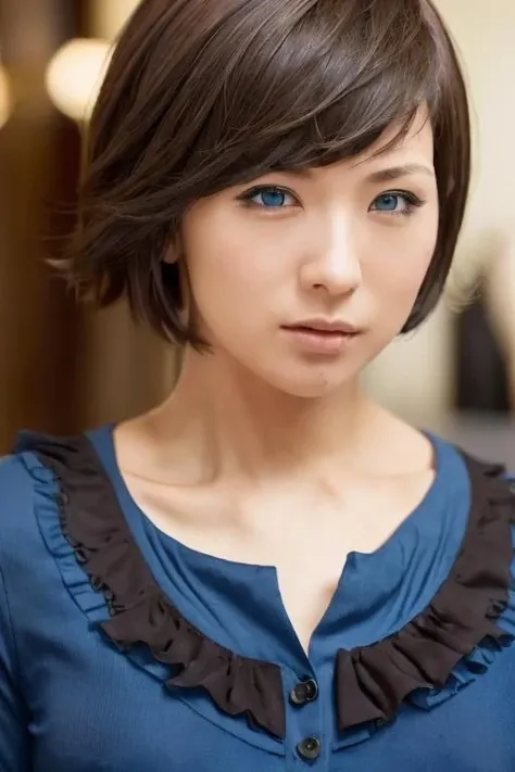1girl,(wearing a blue blouse:1.4),(wearing a black tutu skirt),(RAW photo, best quality), (realistic, photo-realistic:1.4), masterpiece, an extremely delicate and beautiful, extremely detailed, 2k wallpaper, Amazing, finely detail, extremely detailed CG unity 8k wallpaper, ultra-detailed, highres, soft light, beautiful detailed girl, extremely detailed eyes and face, beautiful detailed nose, beautiful detailed eyes,cinematic lighting,city lights at night,perfect anatomy,slender body,(short hair:1.4) <lora:ringosheena_lora:0.9>(brown eyes:1.3)